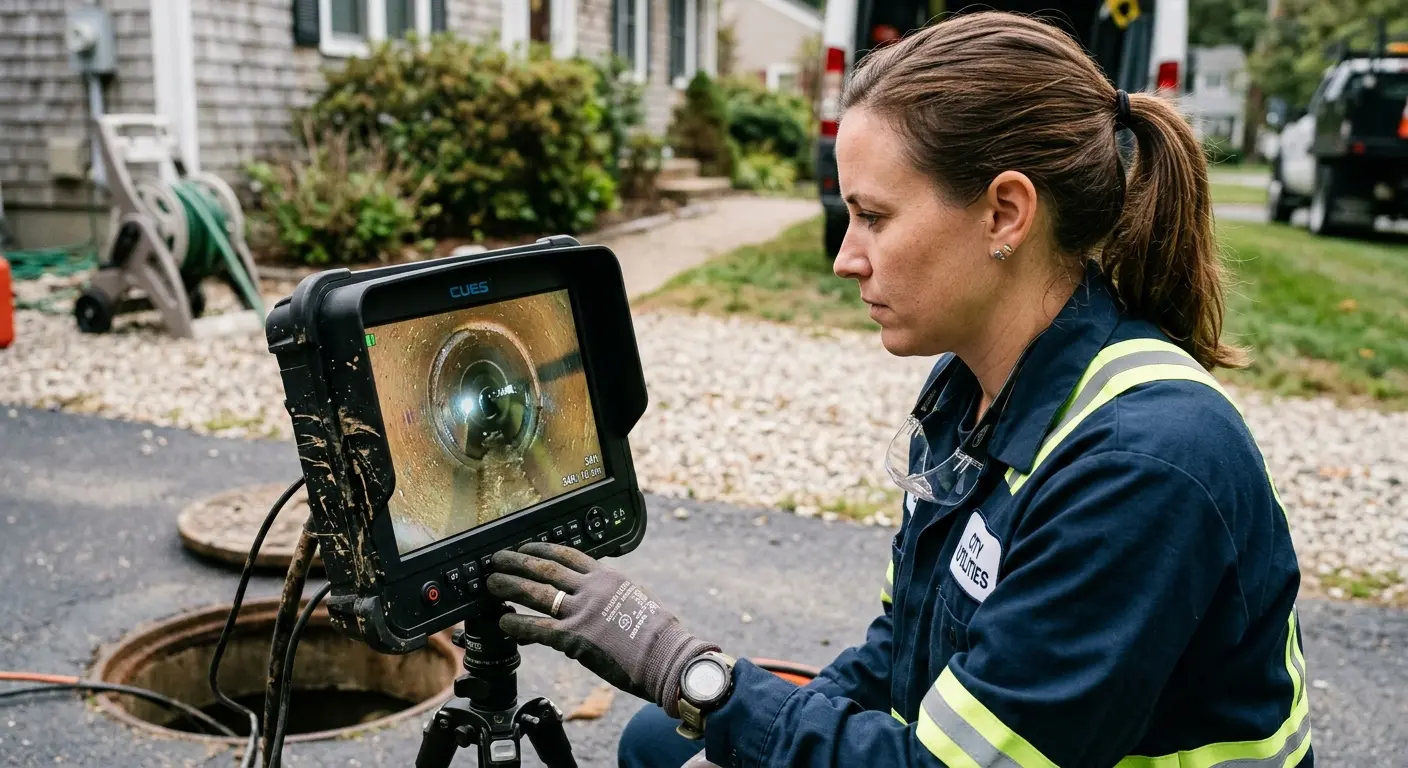 Technician reviewing sewer camera inspection footage in Scranton