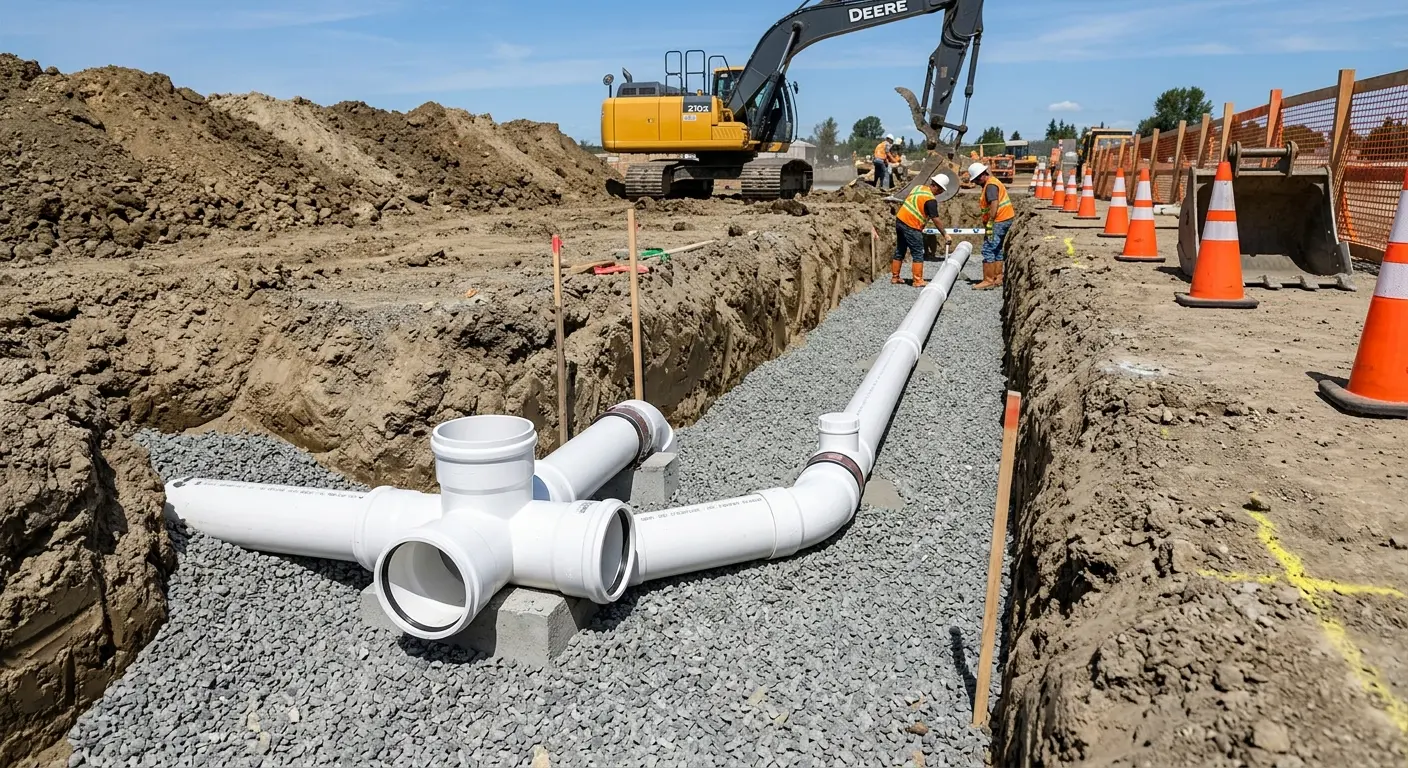 New PVC sewer pipe installation in open trench for Sewer Backup in Scranton