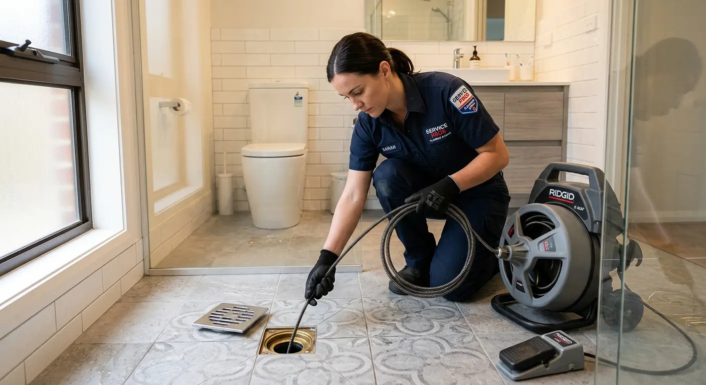 Technician clearing a bathroom floor drain for Sewer Line Replacement in Scranton